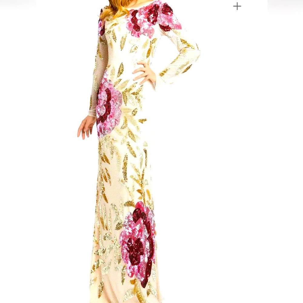 Brand new with tags, Mac Duggal Nude/Multi Stunning! Sequin Floral Maxi Gown